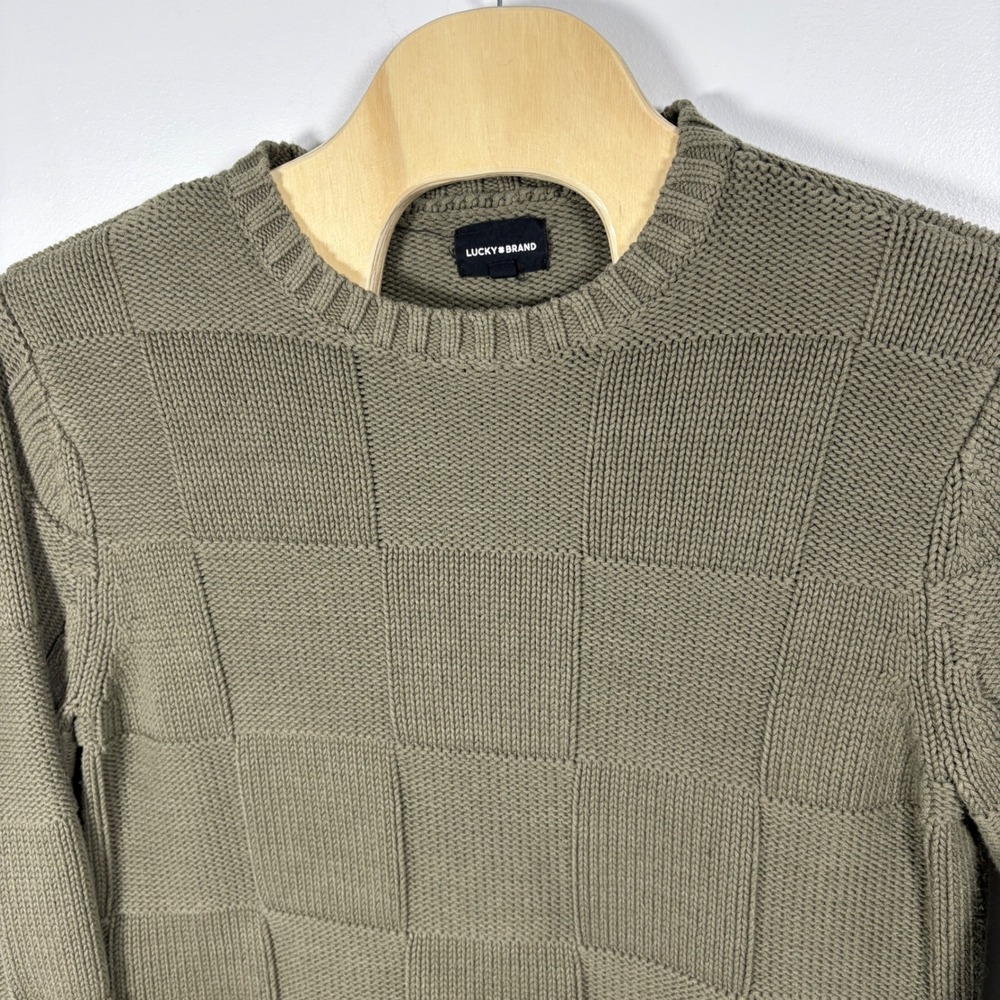 Lucky Brand Mens XL Olive‎ Green Textured Checkerboard Knit Crewneck Sweater